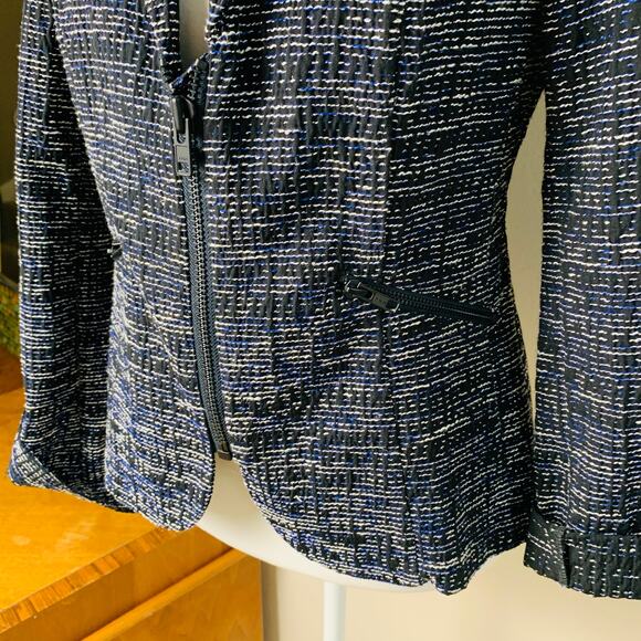 Cabi Size 4 Women's Tweed Blazer Jacket Black White Blue Zip Front Career Preppy - Picture 5 of 11
